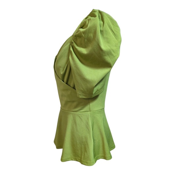 Grace Karin Chartreuse Ruched Puff Sleeve Peplum Blouse Size Small - Picture 6 of 10